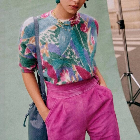 BEST Sezane Ines Jumper Sweater Multicolor Floral French Knit Causal Wool - Picture 2 of 11